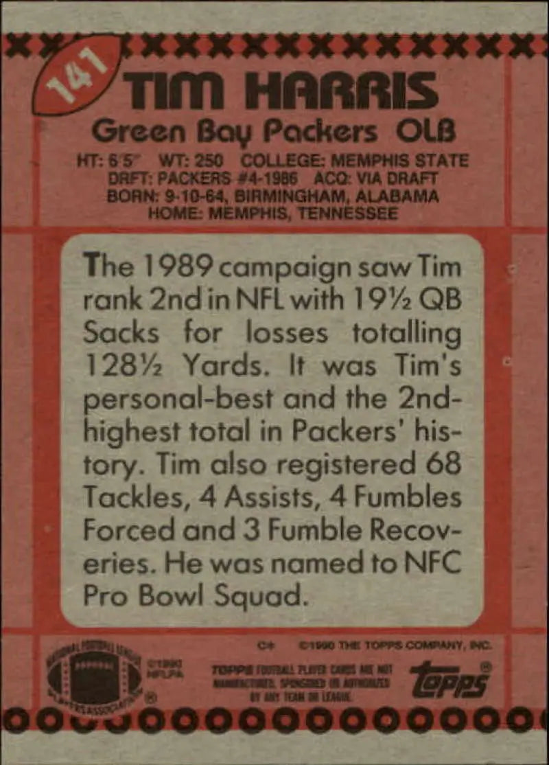 1990 Topps #141 Tim Harris EX Excellent Green Bay Packers Football Card - Football Card Single