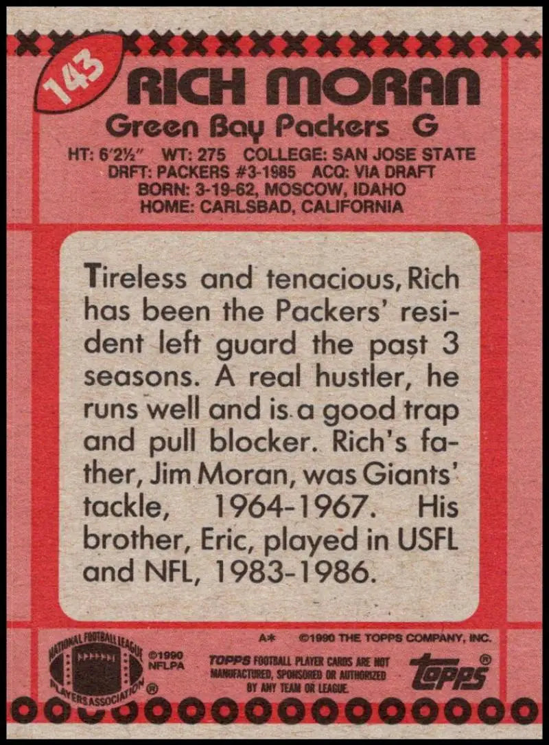1990 Topps #143 Rich Moran EX Excellent RC Rookie Green Bay Packers Football Card - Football Card Single