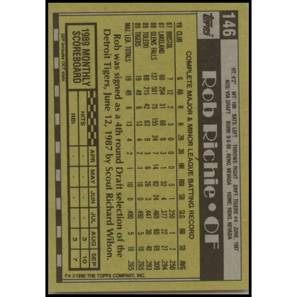 1990 Topps #146 Rob Richie NM-MT RC Rookie Detroit Tigers Baseball Card - Baseball Card Single