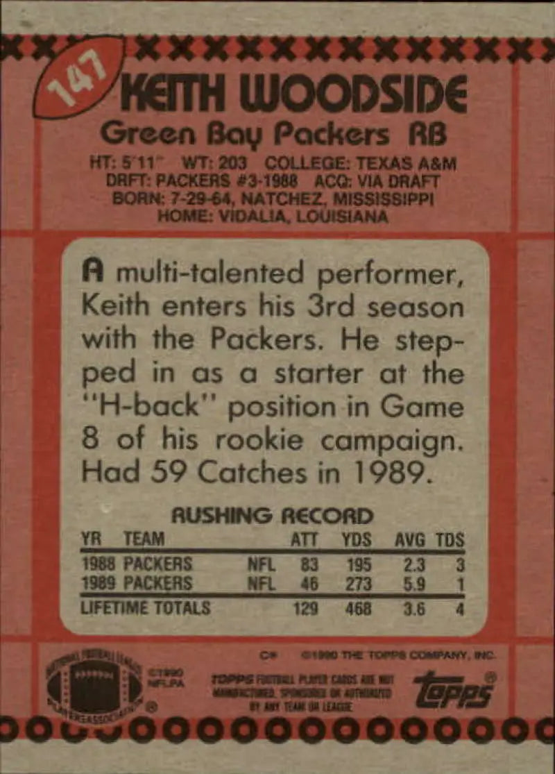 1990 Topps #147 Keith Woodside EX Excellent Green Bay Packers Football Card
