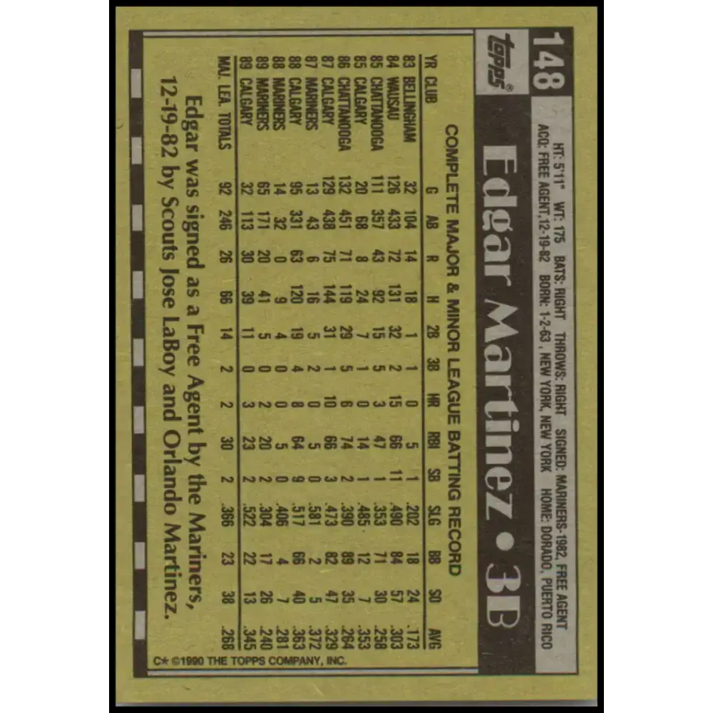 1990 Topps #148 Edgar Martinez NM-MT Seattle Mariners Baseball Card - Baseball Card Single