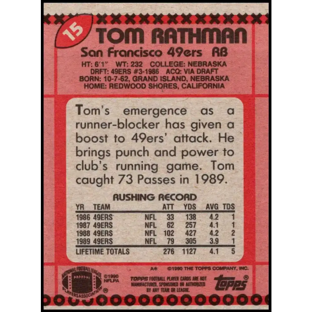 1990 Topps #15 Tom Rathman EX Excellent San Francisco 49ers Football Card - Football Card Single