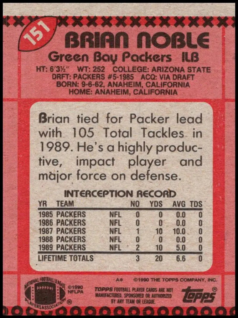 1990 Topps #151 Brian Noble EX Excellent Green Bay Packers Football Card - Football Card Single
