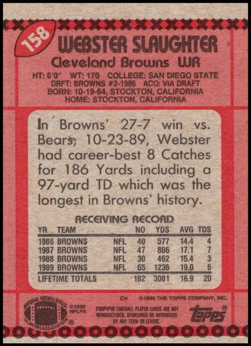 1990 Topps #158 Webster Slaughter EX Excellent Cleveland Browns Football Card - Football Card Single