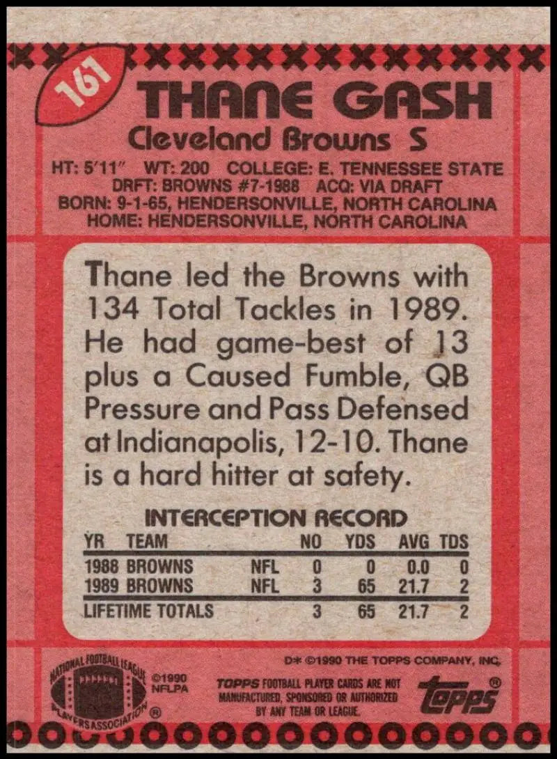 1990 Topps #161 Thane Gash EX Excellent RC Rookie Cleveland Browns Football Card - Football Card Single