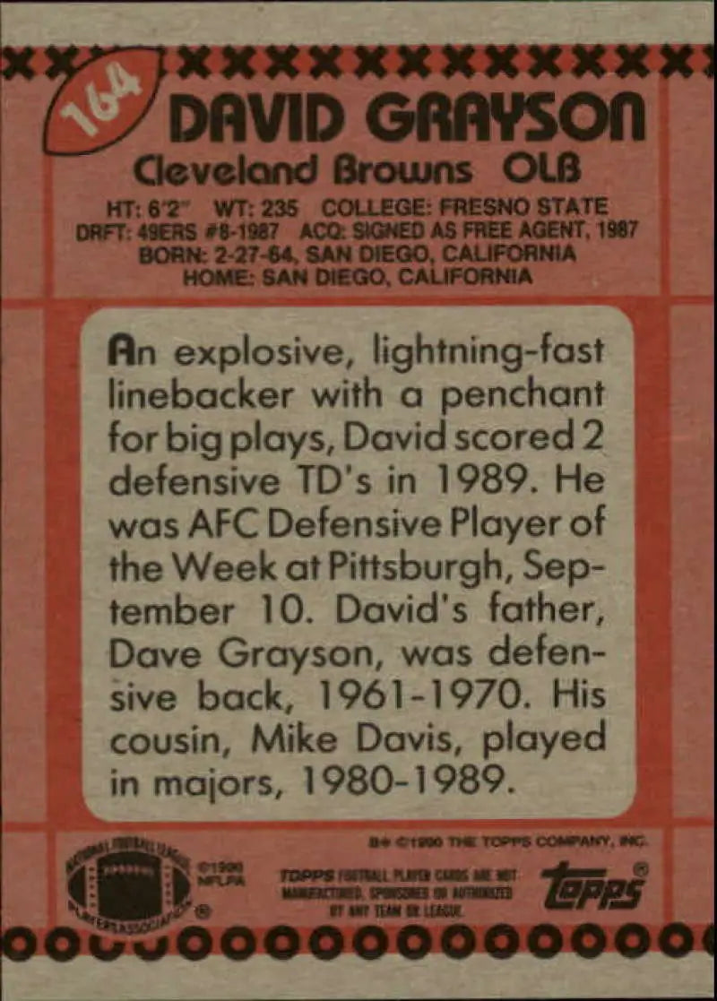 1990 Topps #164 David Grayson EX Excellent Cleveland Browns Football Card - Football Card Single