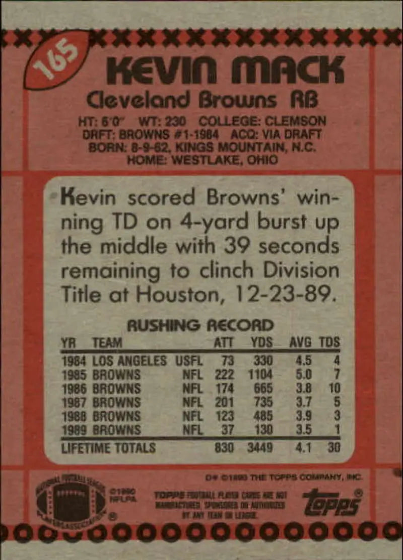 1990 Topps #165 Kevin Mack EX Excellent Cleveland Browns Football Card - Football Card Single