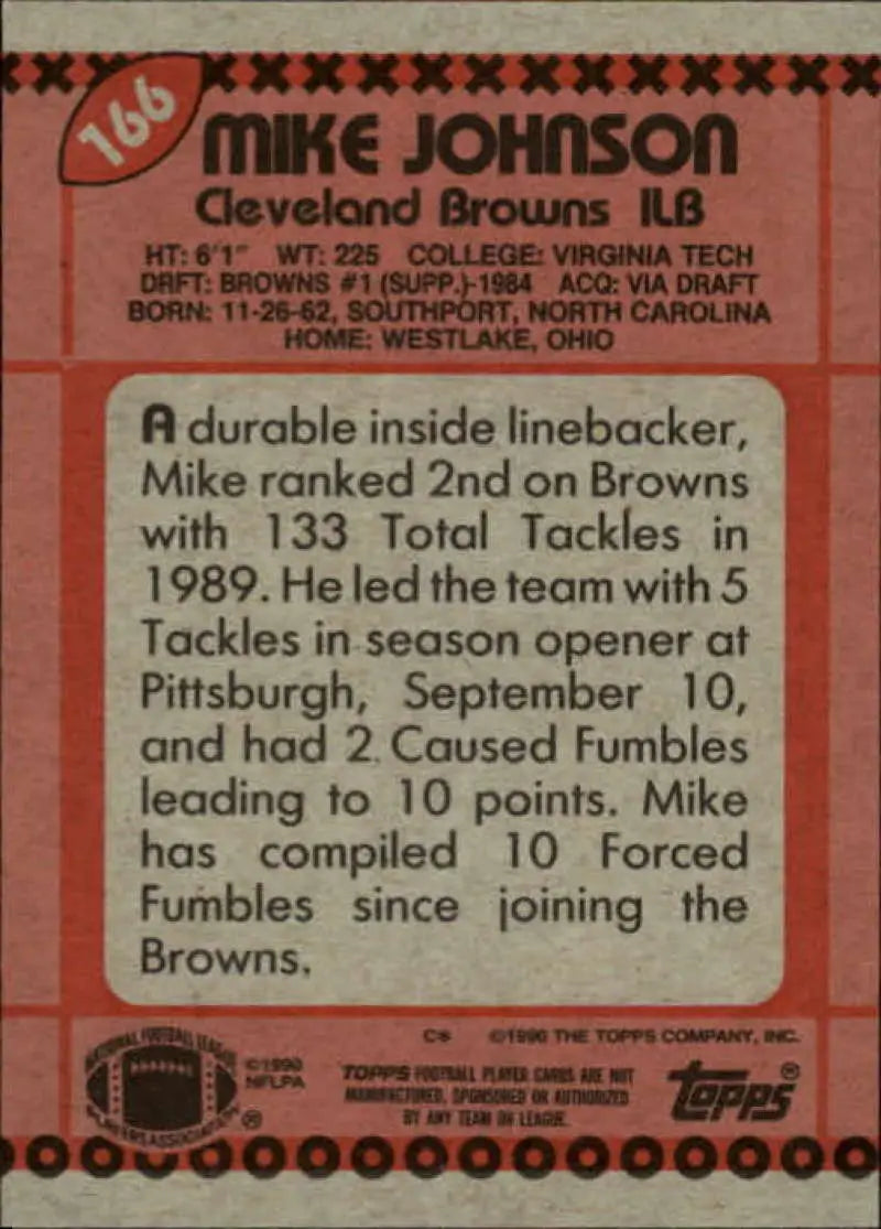 1990 Topps #166 Mike Johnson EX Excellent Cleveland Browns Football Card - Football Card Single