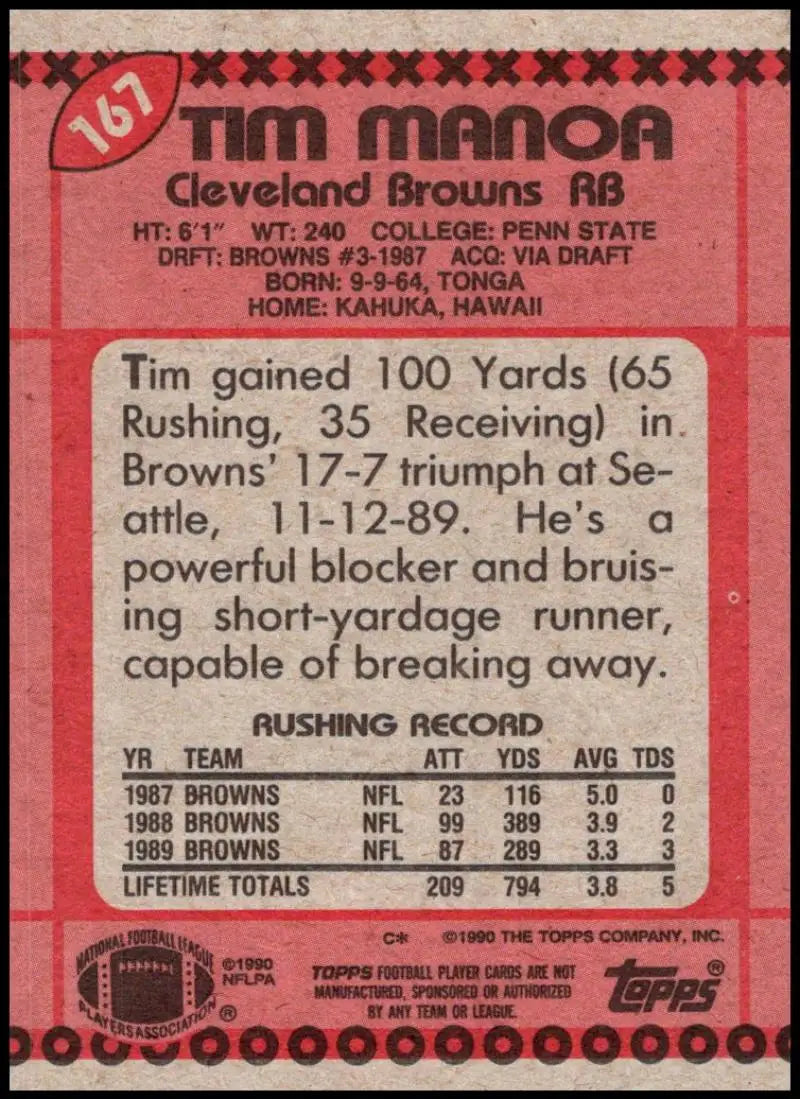 1990 Topps #167 Tim Manoa EX Excellent RC Rookie Cleveland Browns Football Card - Football Card Single