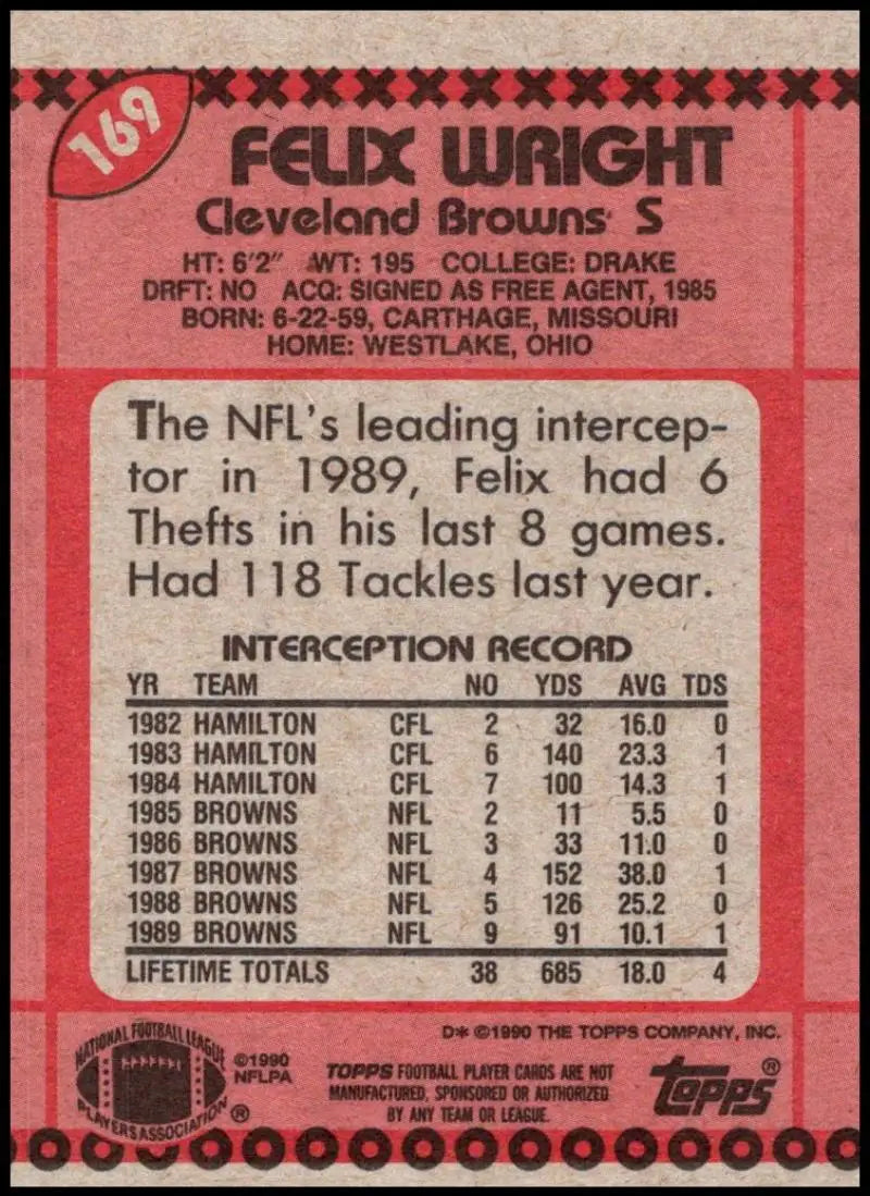 1990 Topps #169 Felix Wright EX Excellent Cleveland Browns Football Card