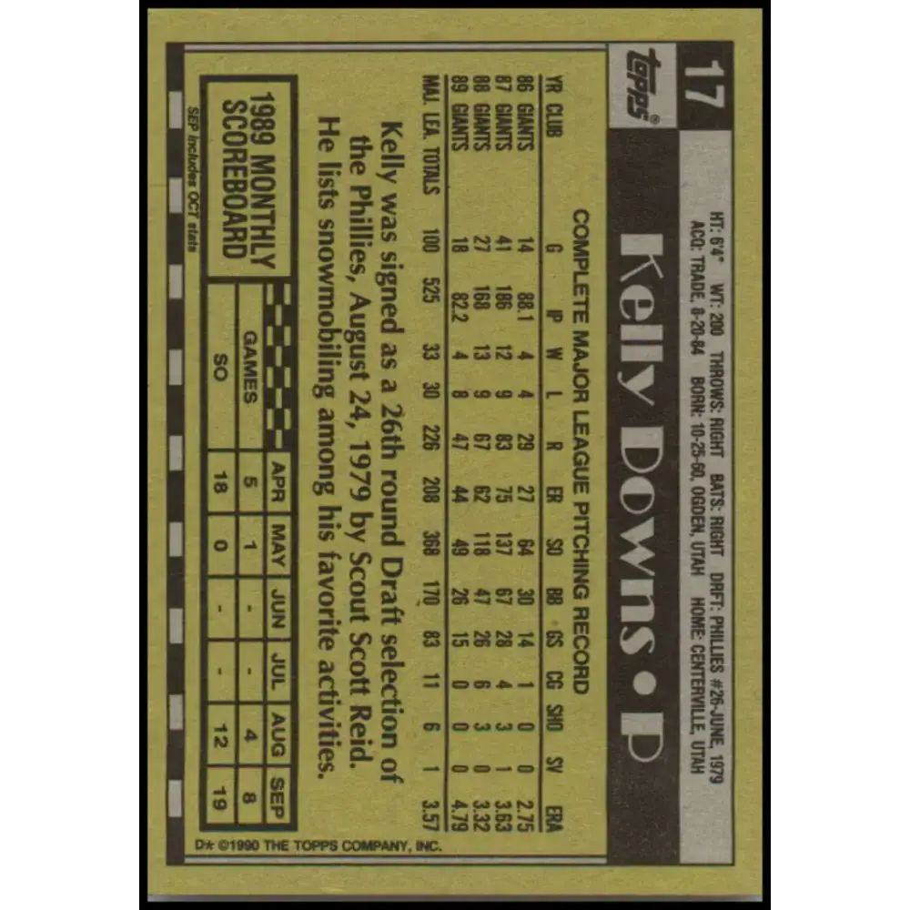 1990 Topps #17 Kelly Downs NM-MT San Francisco Giants Baseball Card - Baseball Card Single