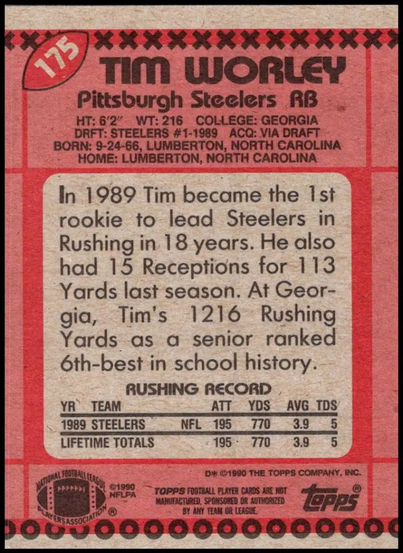 1990 Topps #175 Tim Worley EX Excellent Pittsburgh Steelers Football Card - Football Card Single