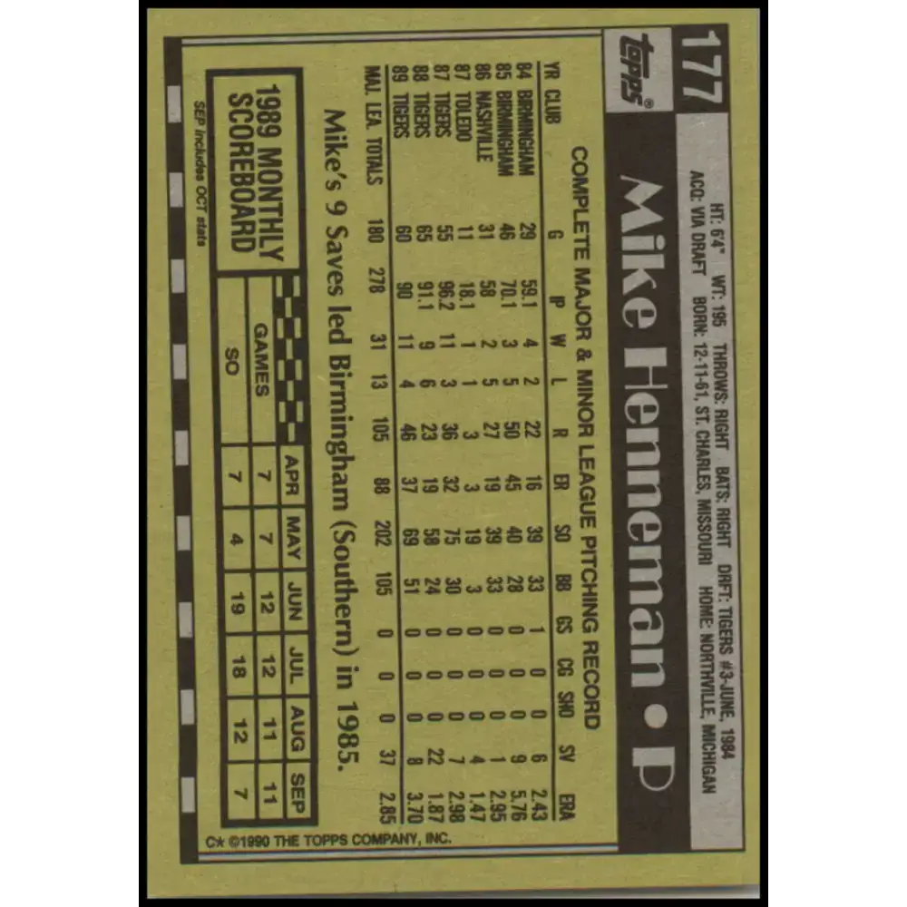 1990 Topps #177 Mike Henneman NM-MT Detroit Tigers Baseball Card - Baseball Card Single