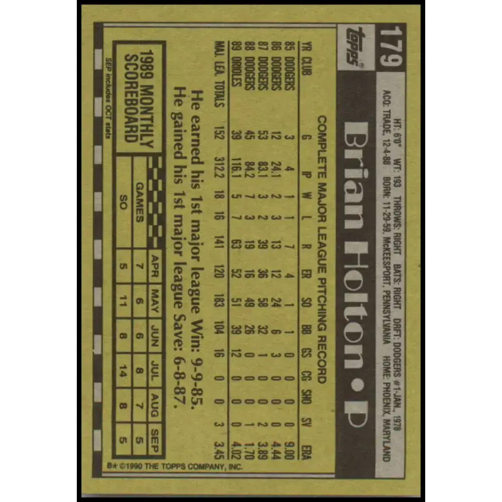 1990 Topps #179 Brian Holton NM-MT Baltimore Orioles Baseball Card - Baseball Card Single
