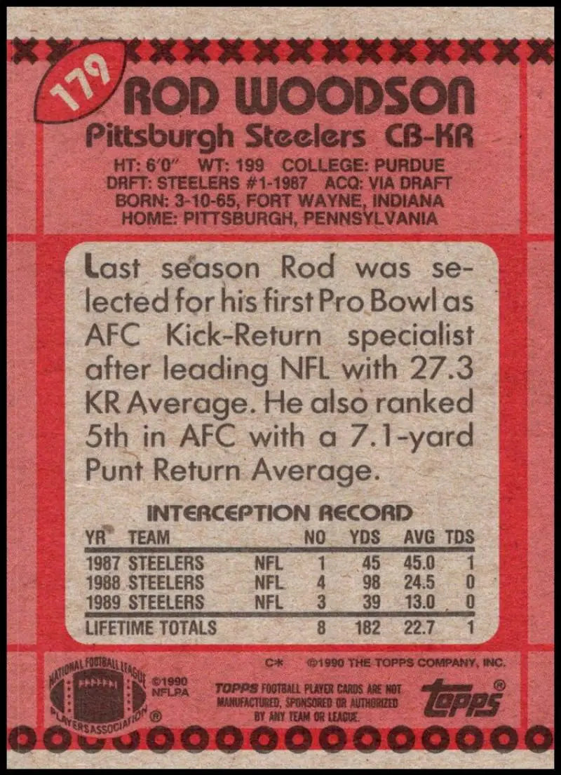 1990 Topps #179 Rod Woodson EX Excellent Pittsburgh Steelers Football Card - Football Card Single