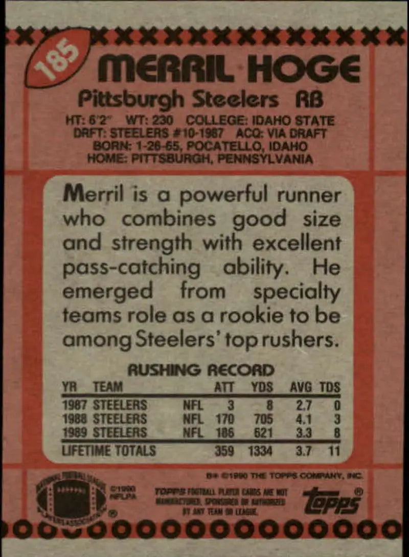 1990 Topps #185 Merril Hoge EX Excellent Pittsburgh Steelers Football Card - Football Card Single