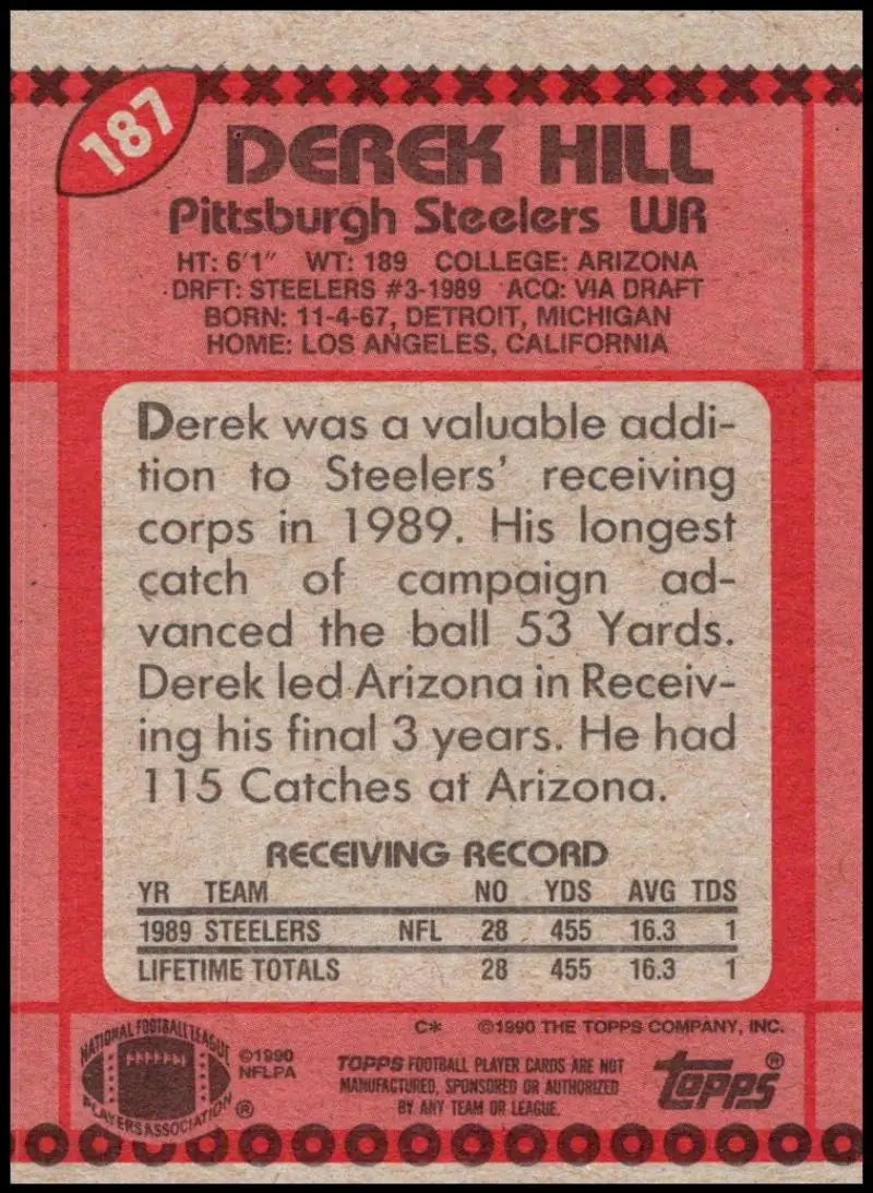 1990 Topps #187 Derek Hill EX Excellent RC Rookie Pittsburgh Steelers Football Card - Football Card Single
