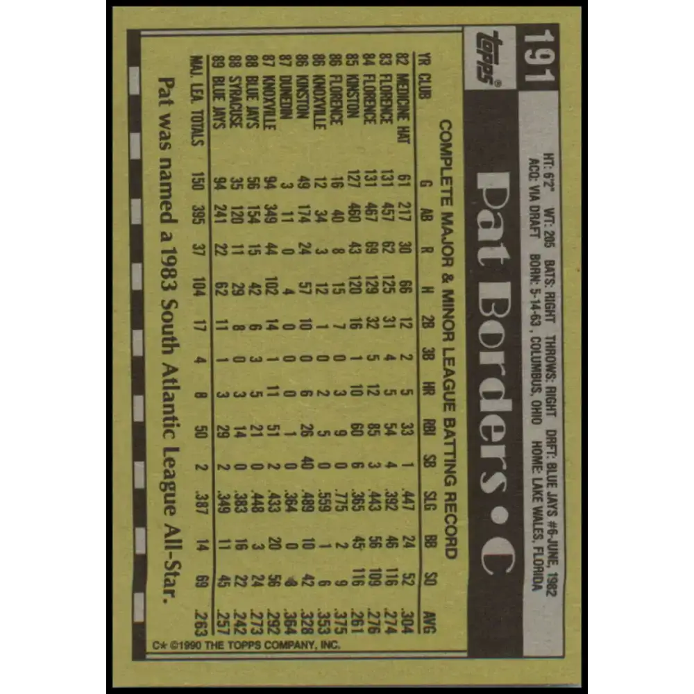 1990 Topps #191 Pat Borders NM-MT Toronto Blue Jays Baseball Card - Baseball Card Single