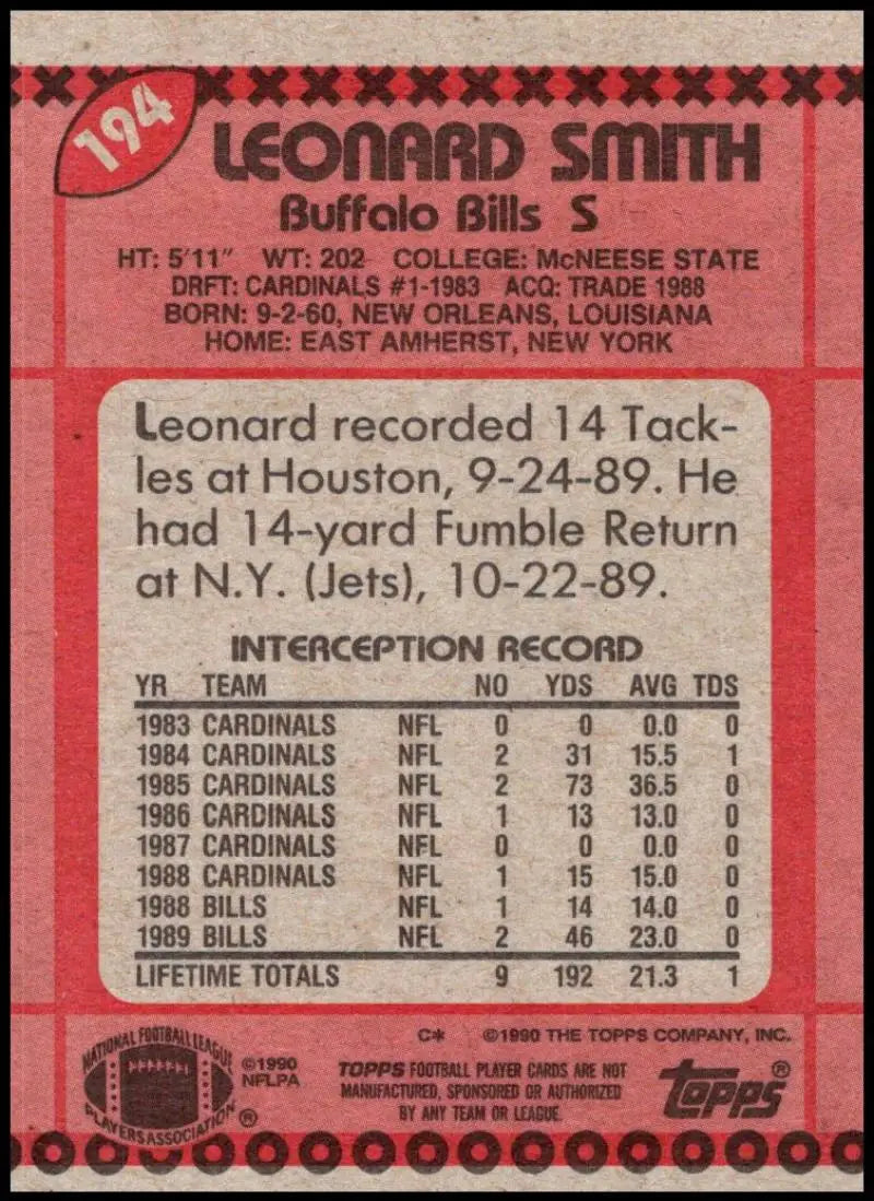 1990 Topps #194 Leonard Smith EX Excellent Buffalo Bills Football Card - Football Card Single