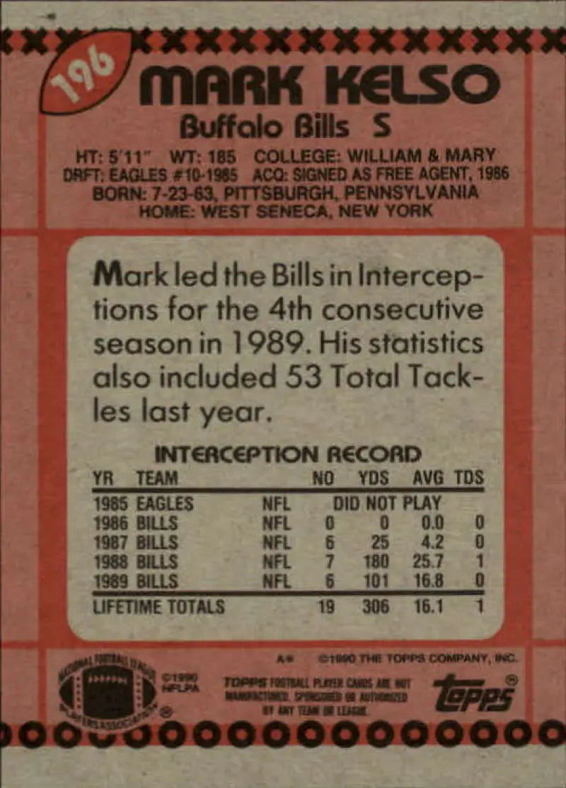 1990 Topps #196 Mark Kelso EX Excellent Buffalo Bills Football Card - Football Card Single