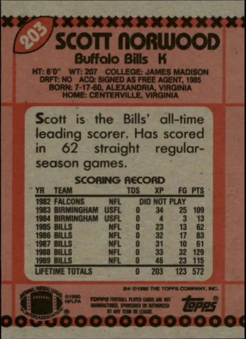 1990 Topps #203 Scott Norwood EX Excellent Buffalo Bills Football Card - Football Card Single