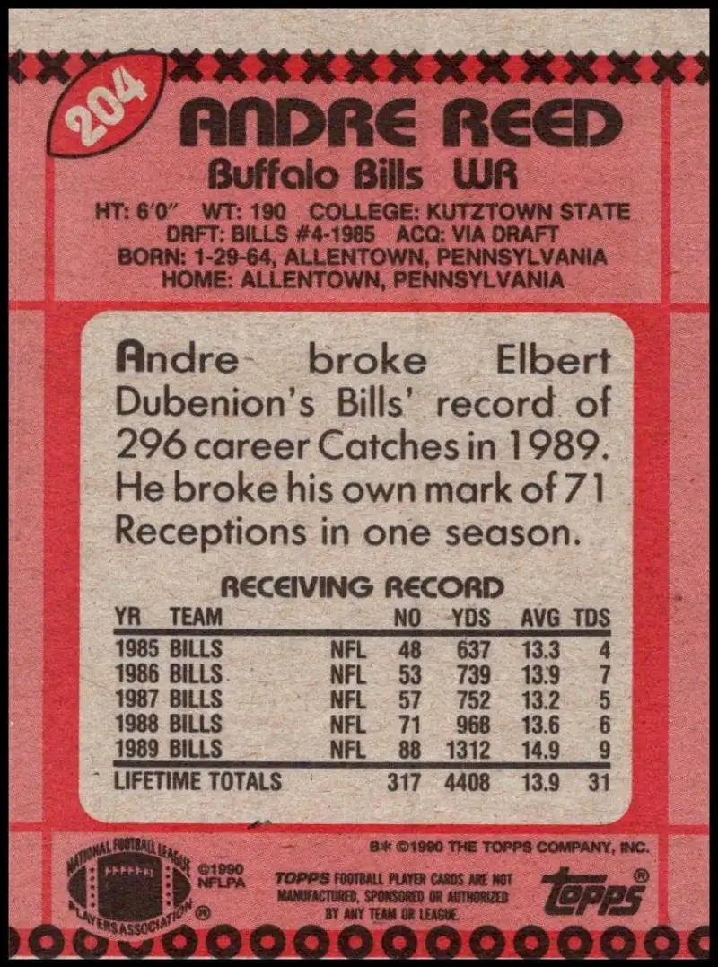 1990 Topps #204 Andre Reed EX Excellent Buffalo Bills Football Card - Football Card Single