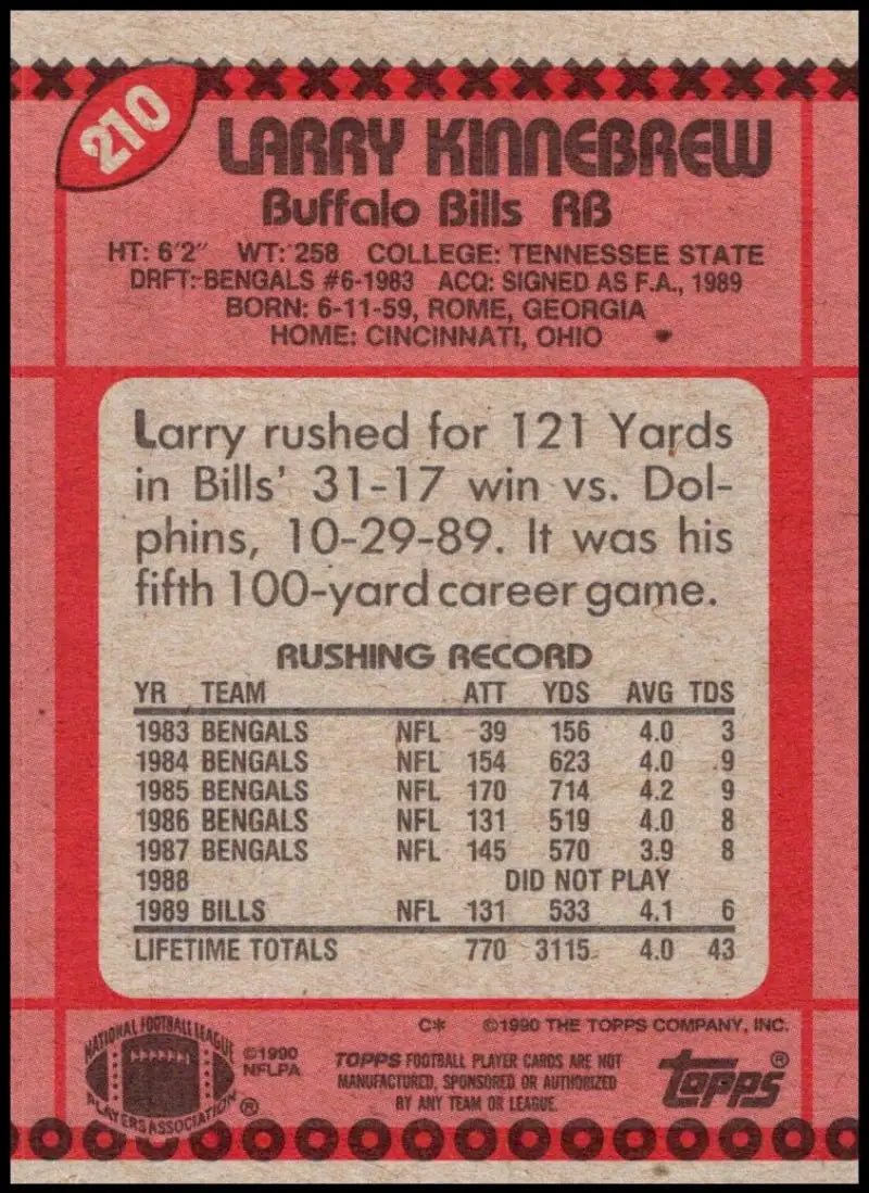 1990 Topps #210 Larry Kinnebrew EX Excellent Buffalo Bills Football Card - Football Card Single