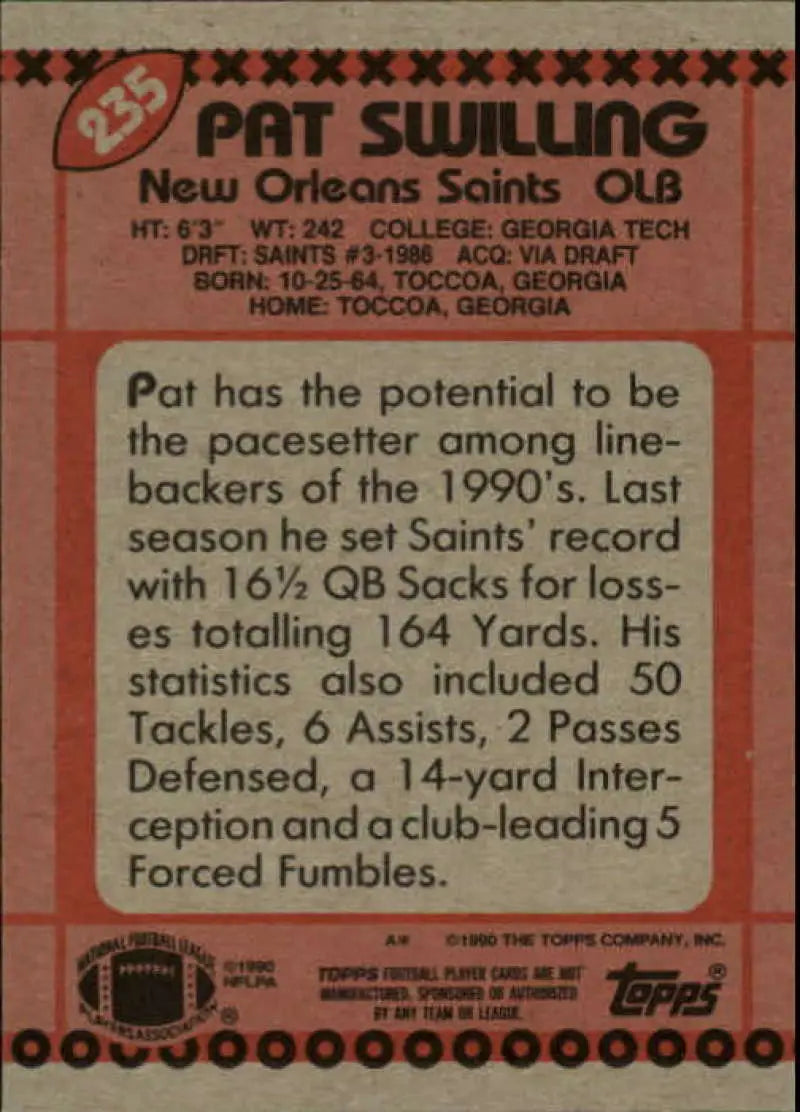 1990 Topps #235 Pat Swilling EX Excellent New Orleans Saints Football Card - Football Card Single