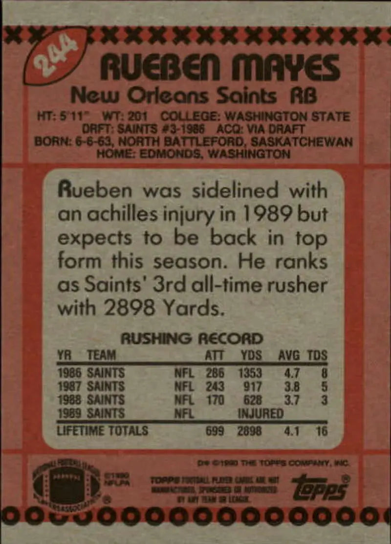 1990 Topps #244 Rueben Mayes EX Excellent New Orleans Saints Football Card - Football Card Single