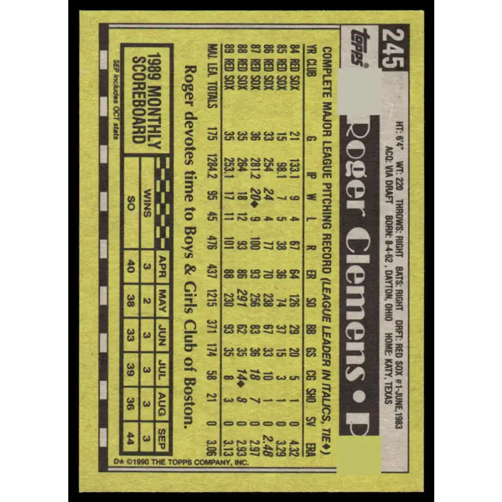1990 Topps #245 Roger Clemens EX/NM Boston Red Sox Baseball Card - Baseball Card Single
