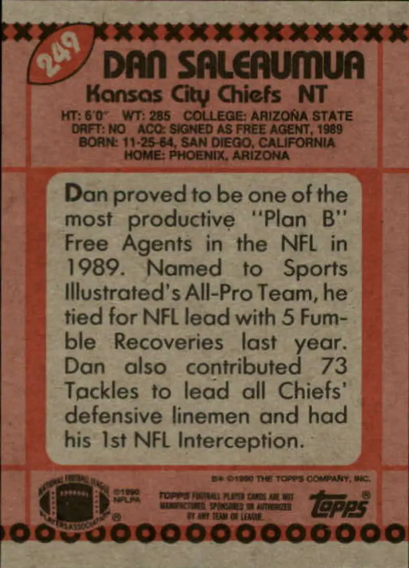 1990 Topps #249 Dan Saleaumua EX Excellent Kansas City Chiefs Football Card