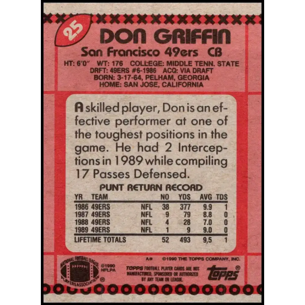 1990 Topps #25 Don Griffin EX Excellent San Francisco 49ers Football Card - Football Card Single