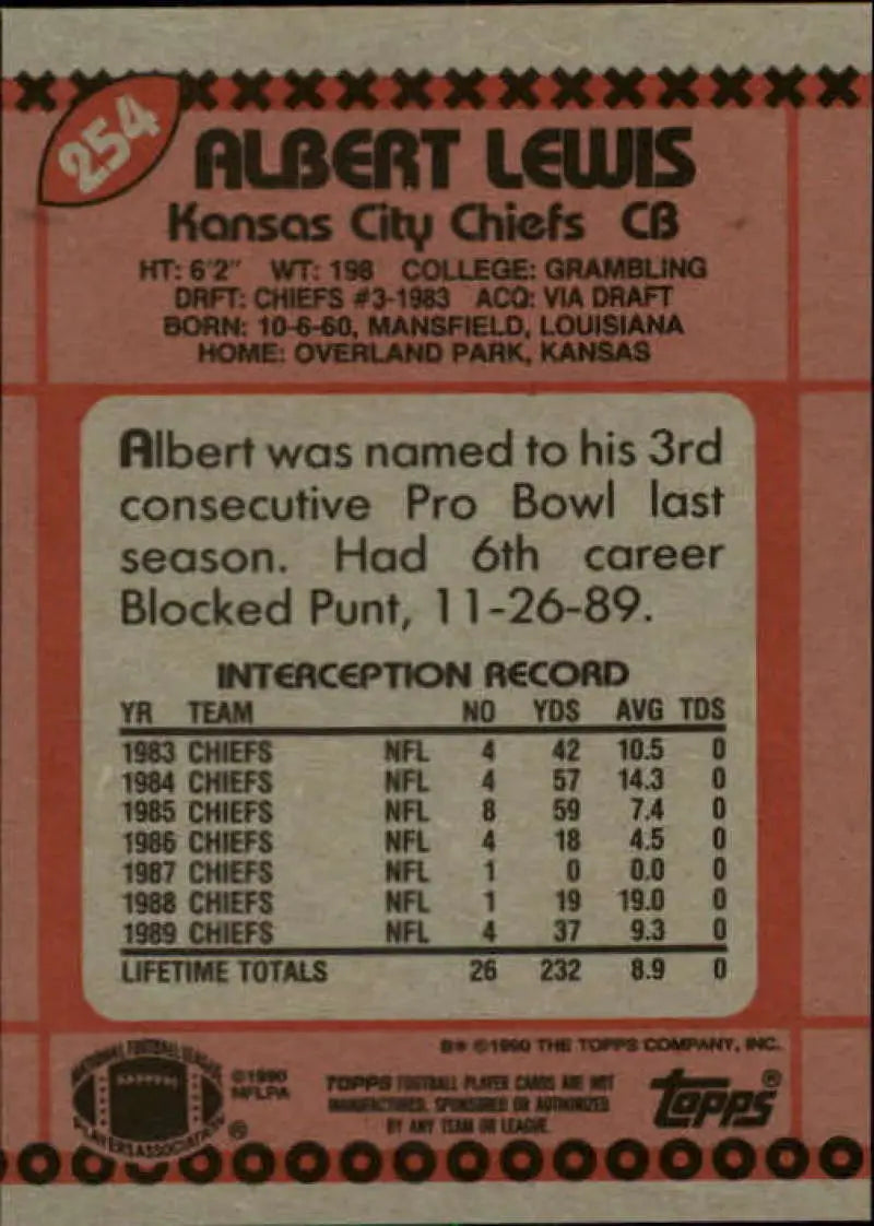 1990 Topps #254 Albert Lewis EX Excellent Kansas City Chiefs Football Card - Football Card Single