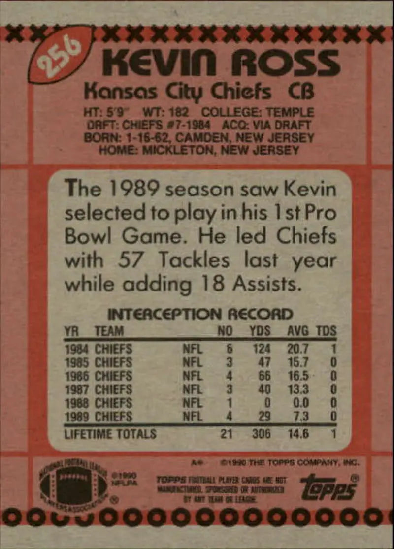 1990 Topps #256 Kevin Ross EX Excellent Kansas City Chiefs Football Card - Football Card Single