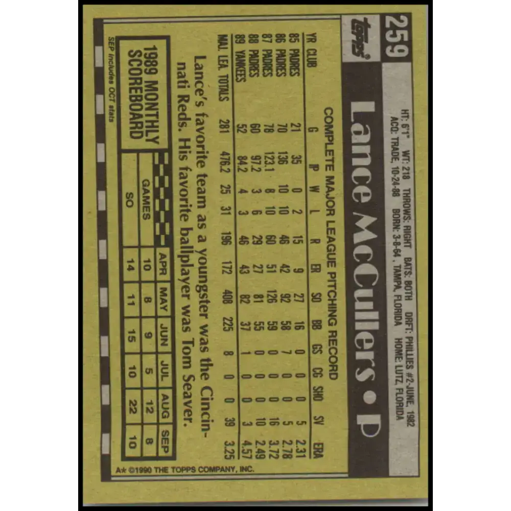1990 Topps #259 Lance McCullers NM-MT New York Yankees Baseball Card - Baseball Card Single