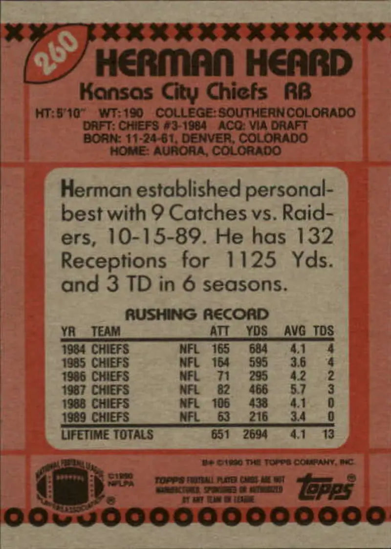 1990 Topps #260 Herman Heard EX Excellent Kansas City Chiefs Football Card - Football Card Single