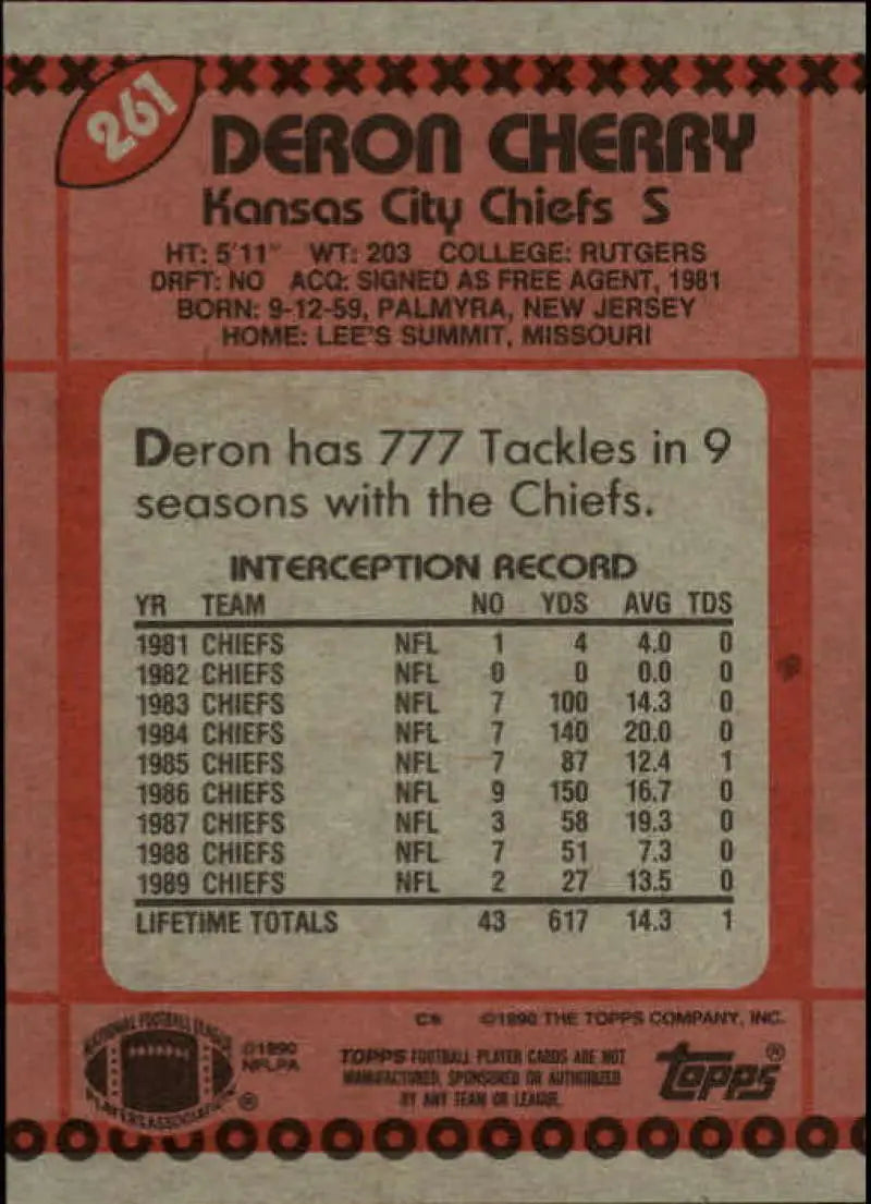 1990 Topps #261 Deron Cherry EX Excellent Kansas City Chiefs Football Card - Football Card Single