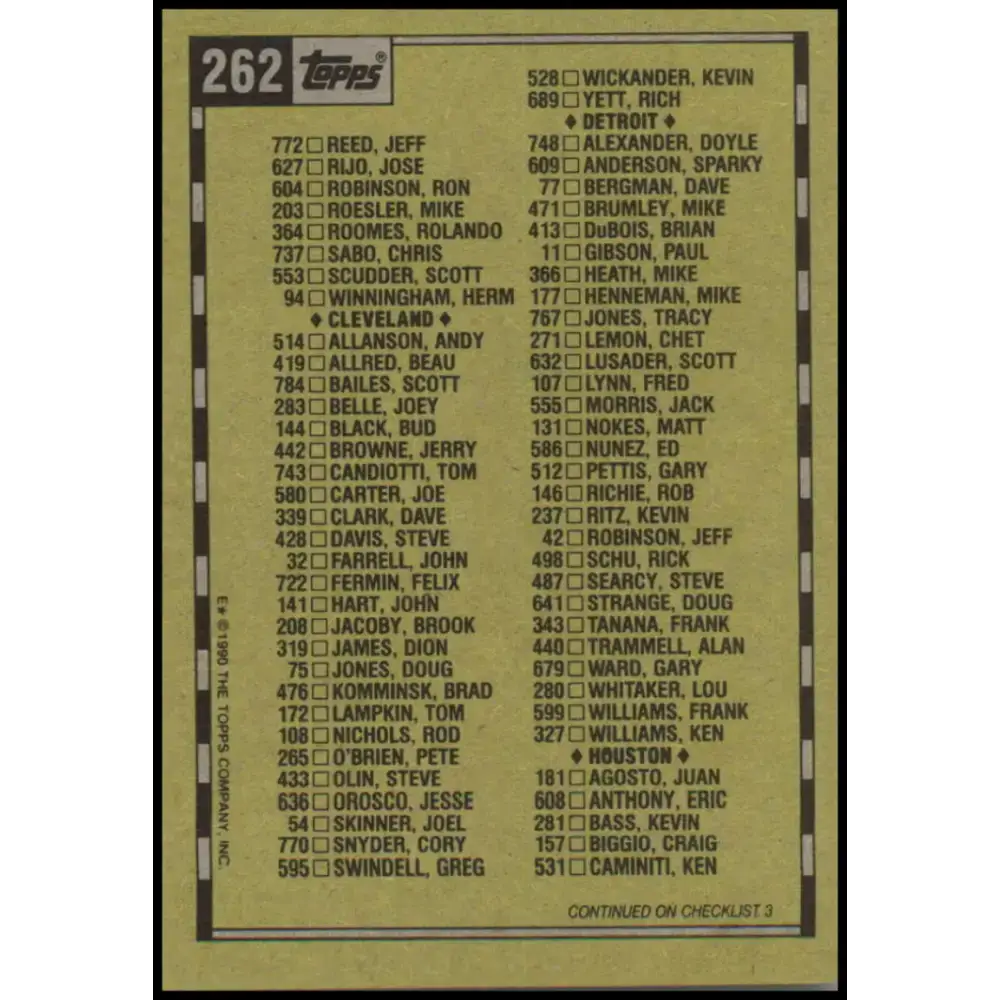 1990 Topps #262 Checklist NM-MT Checklist Baseball Card - Baseball Card Single