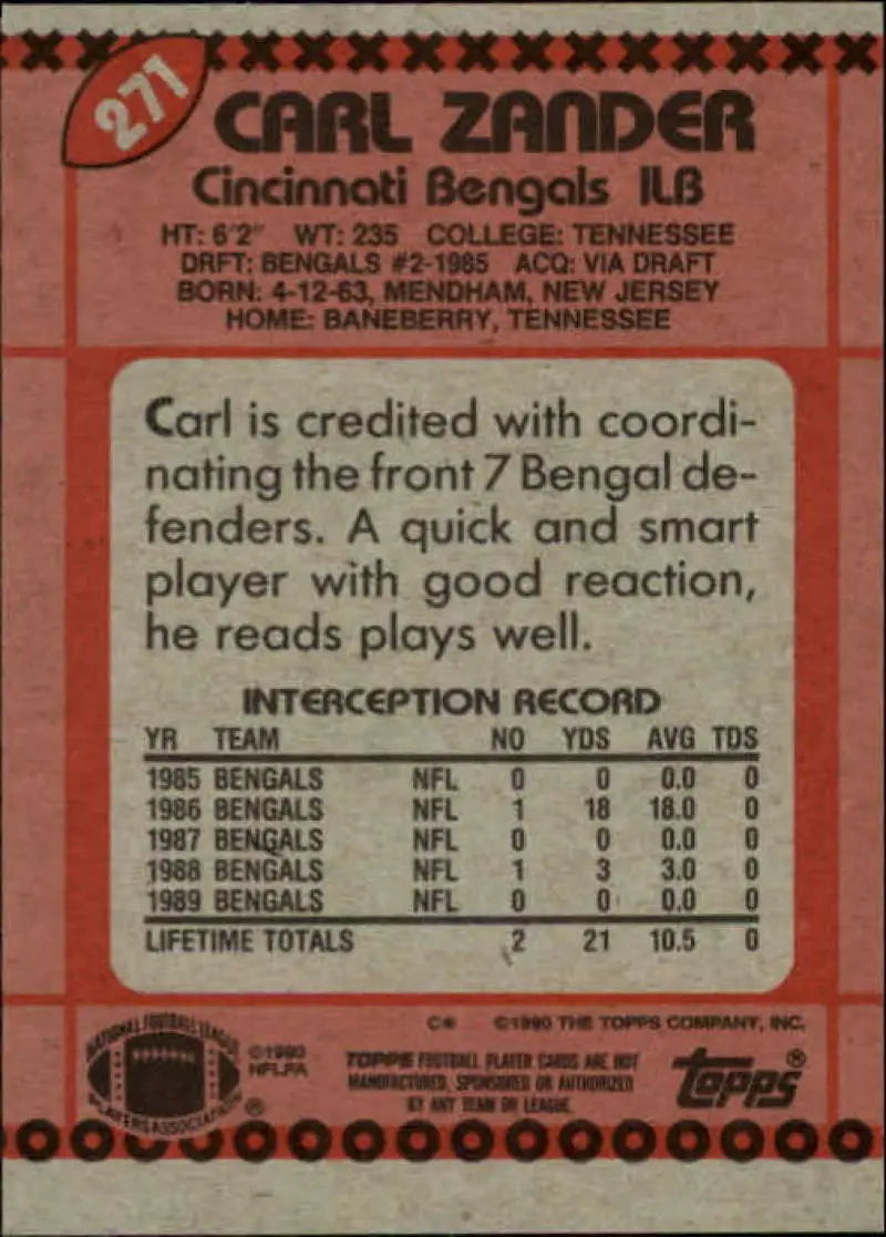 1990 Topps #271 Carl Zander EX Excellent Cincinnati Bengals Football Card - Football Card Single