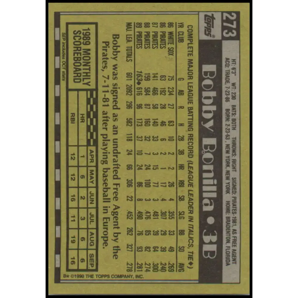 1990 Topps #273 Bobby Bonilla NM-MT Pittsburgh Pirates Baseball Card - Baseball Card Single