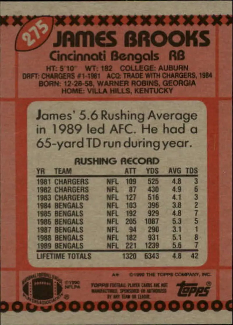 1990 Topps #275 James Brooks EX Excellent Cincinnati Bengals Football Card - Football Card Single