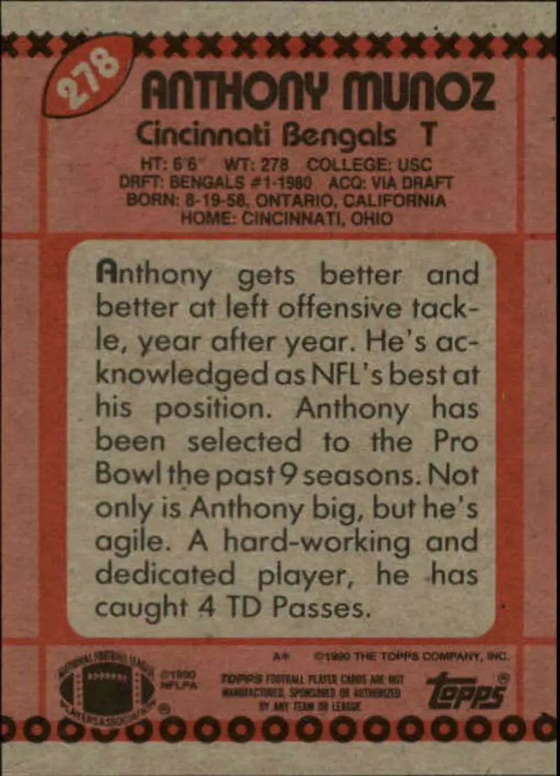 1990 Topps #278 Anthony Munoz EX Excellent Cincinnati Bengals Football Card - Football Card Single