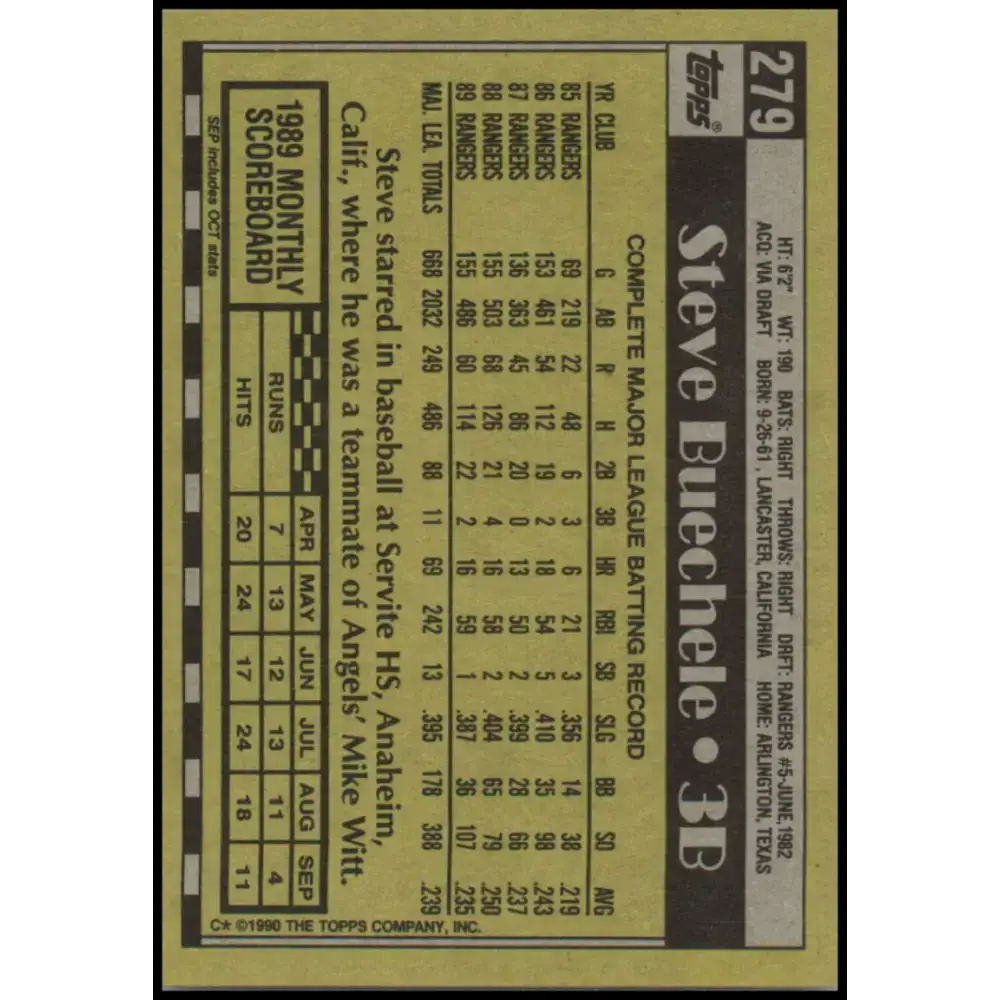 1990 Topps #279 Steve Buechele NM-MT Texas Rangers Baseball Card - Baseball Card Single