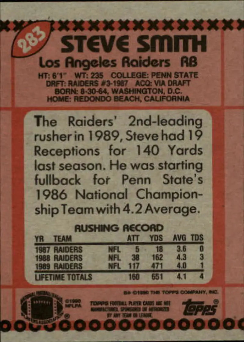 1990 Topps #283 Steve Smith EX Excellent Los Angeles Raiders Football Card - Football Card Single