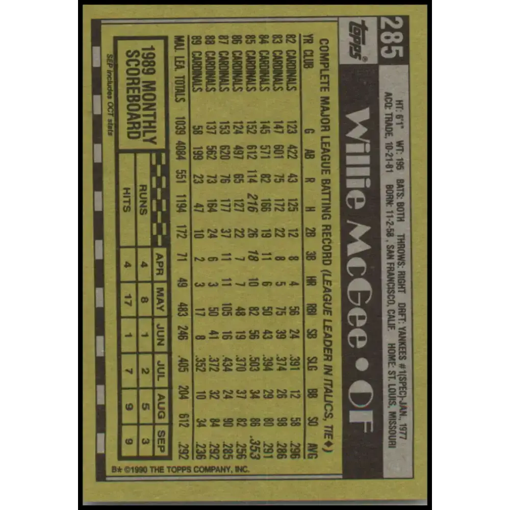 1990 Topps #285 Willie McGee NM-MT St. Louis Cardinals Baseball Card - Baseball Card Single