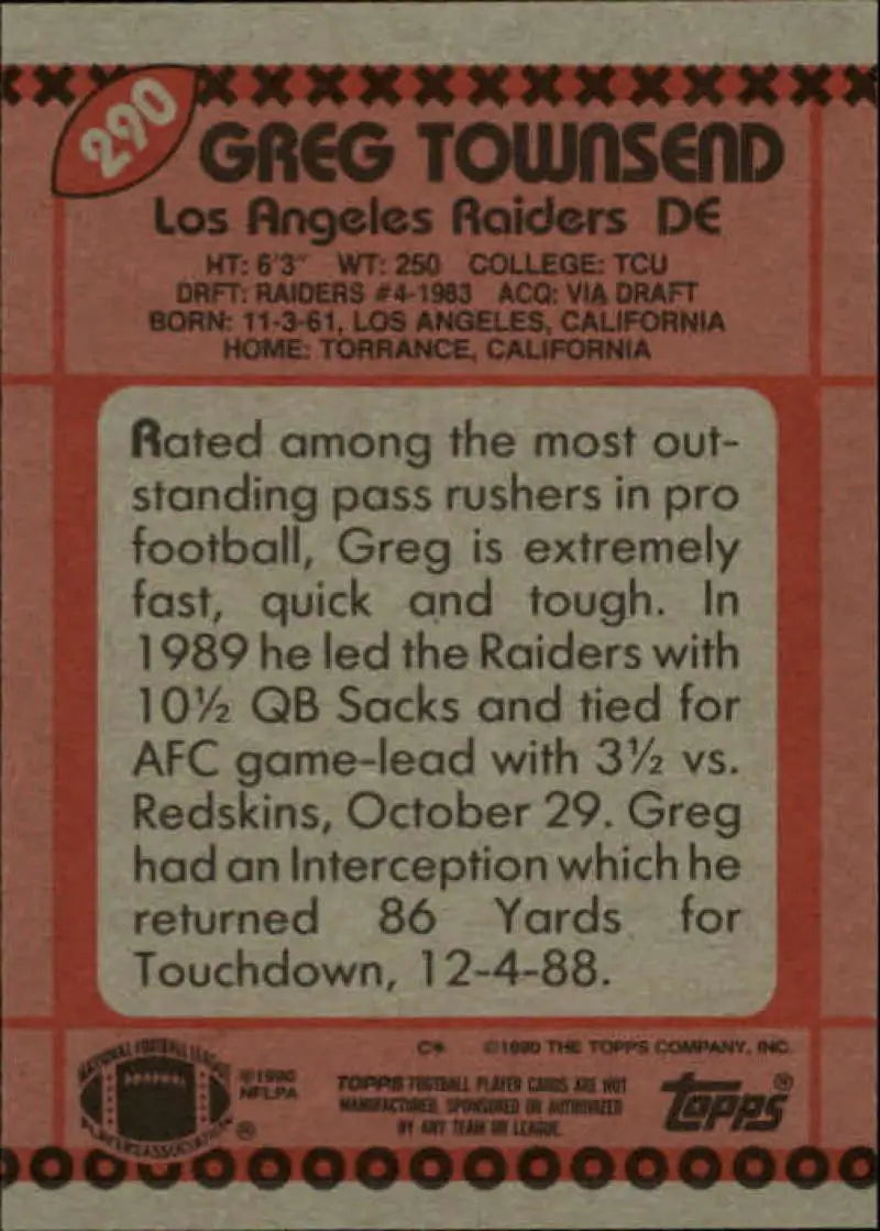1990 Topps #290 Greg Townsend EX Excellent Los Angeles Raiders Football Card - Football Card Single
