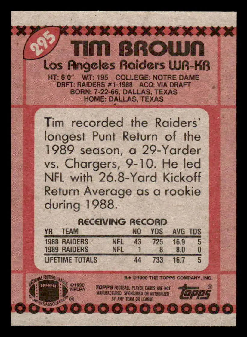 1990 Topps #295 Tim Brown - Football Card Single