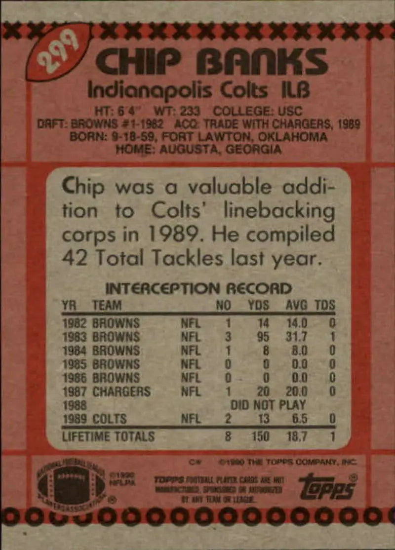 1990 Topps #299 Chip Banks EX Excellent Indianapolis Colts Football Card - Football Card Single