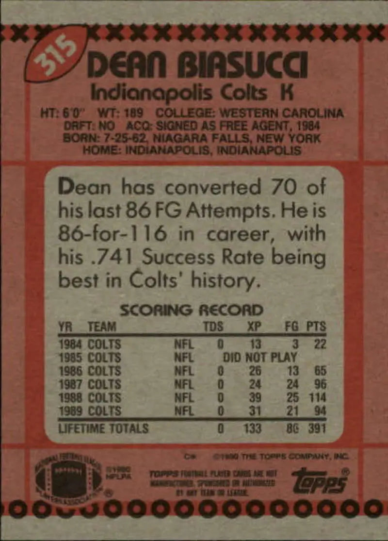 1990 Topps #315 Dean Biasucci EX Excellent Indianapolis Colts Football Card - Football Card Single