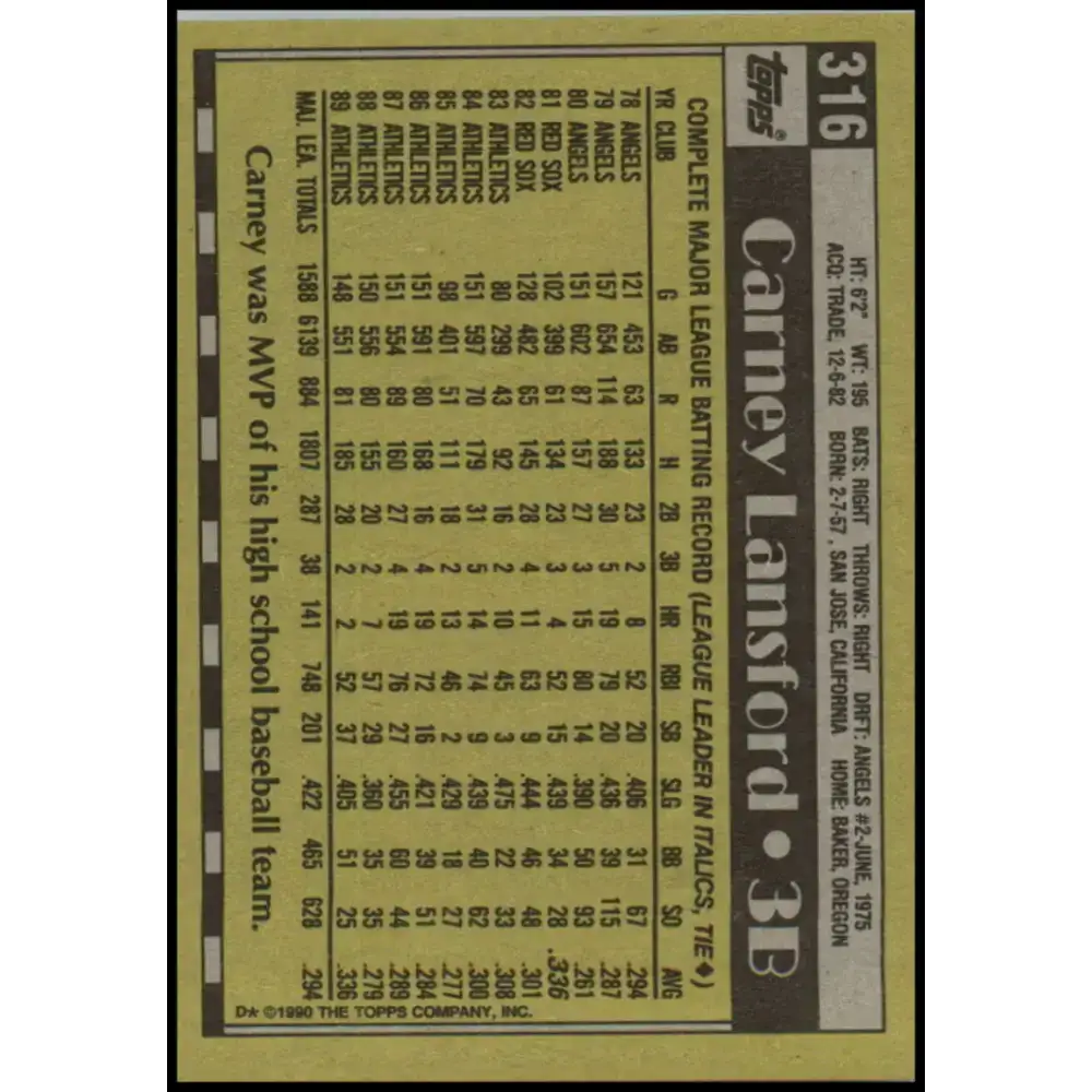1990 Topps #316 Carney Lansford NM-MT Oakland Athletics Baseball Card - Baseball Card Single